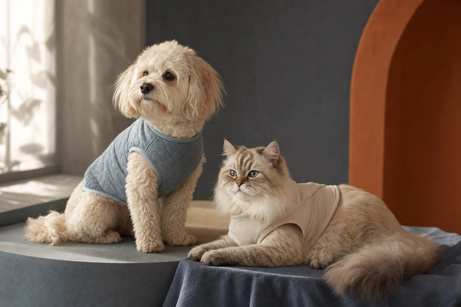 Cream dog and long-haired cat wearing comfortable PAWMART pet apparel