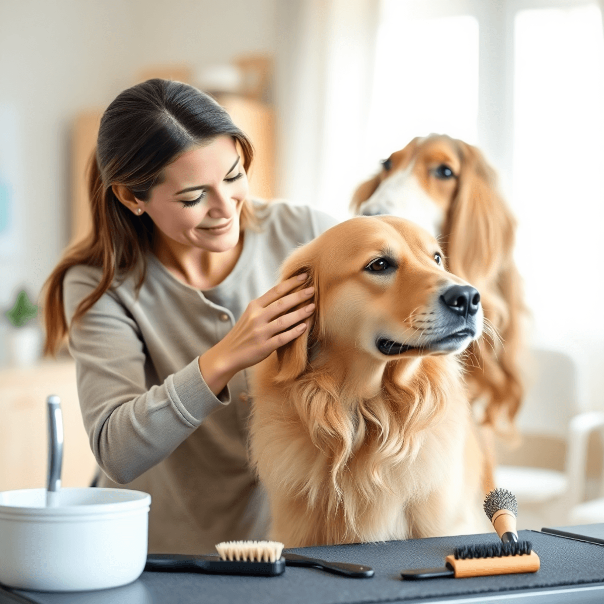 A happy woman gently brushing a calm golden retriever in a bright, cozy room with grooming tools nearby, bathed in soft natural light.