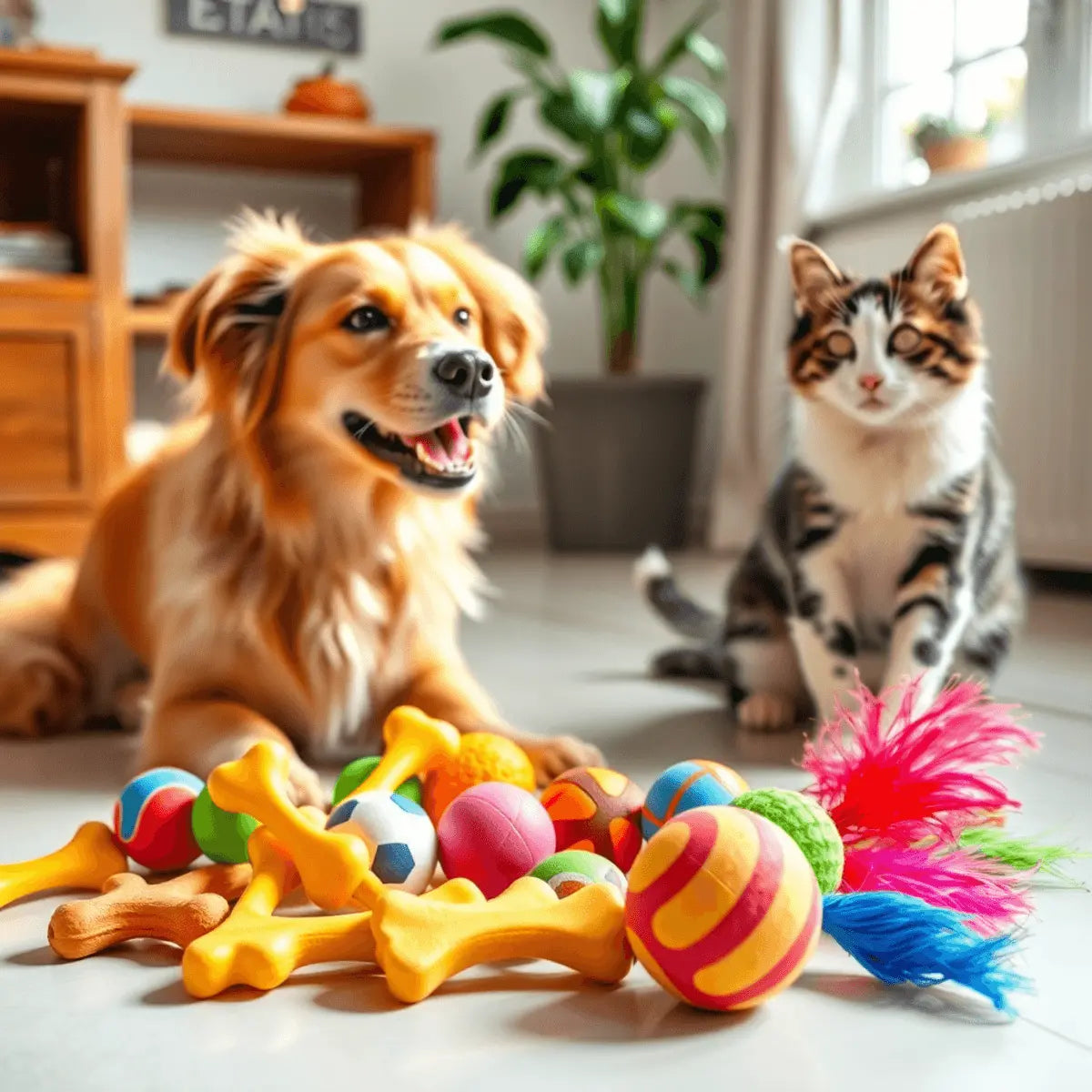 A bright, cozy room with colorful pet toys neatly arranged and a dog and cat playing gently nearby.