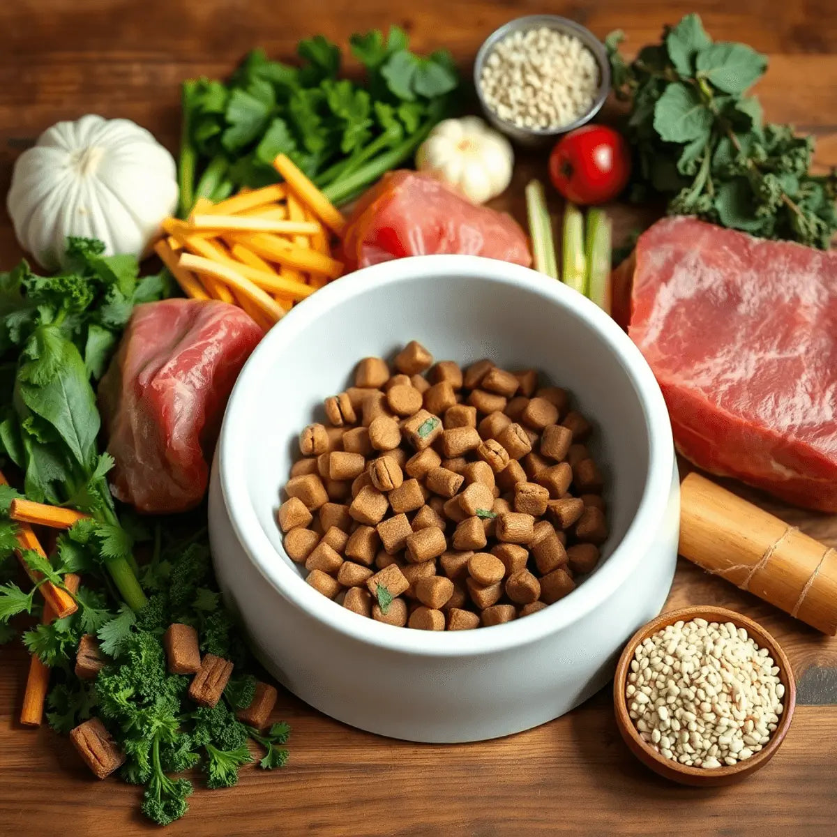 Close-up of fresh meat, vegetables, and grains arranged around a plain dog food bowl on a wooden surface, representing nutritious pet meals.