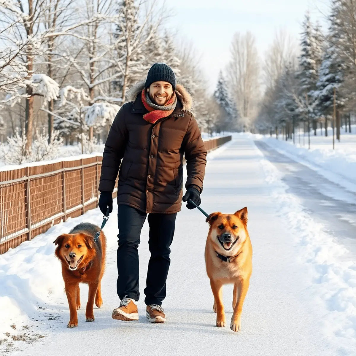 A person walking a medium-sized dog on a snowy sidewalk, both dressed in warm winter clothes with snow-covered trees and icy paths in the background.