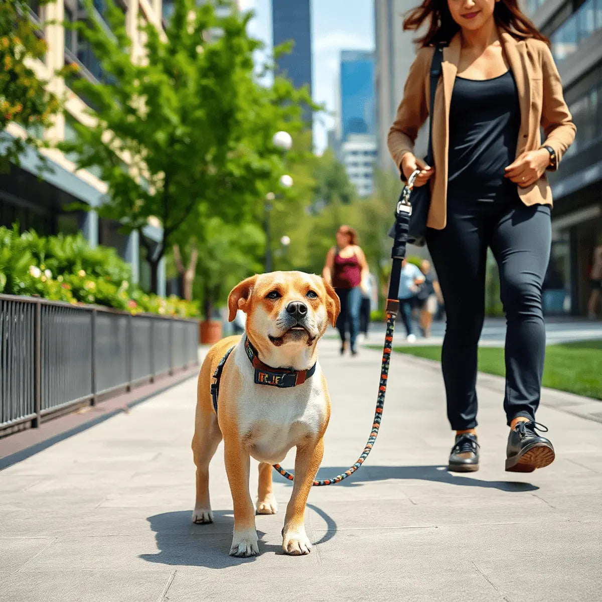 A city dog on a colorful padded leash walks with a person along a busy urban sidewalk, surrounded by modern buildings and greenery on a clear day.