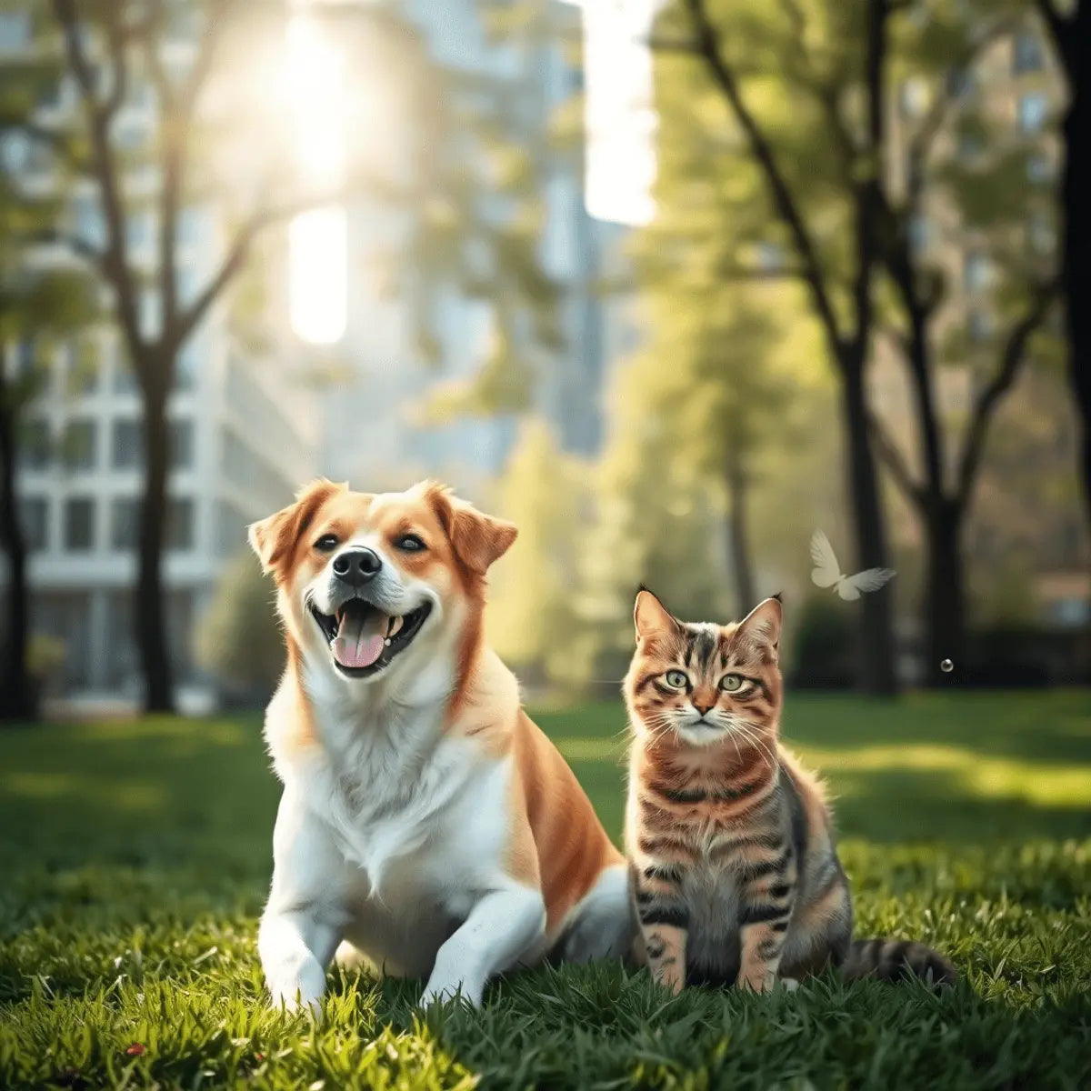 A happy dog and cat sit together on grass in a sunny city park, with breeze lines and pollen shapes floating, modern buildings blurred in the background.