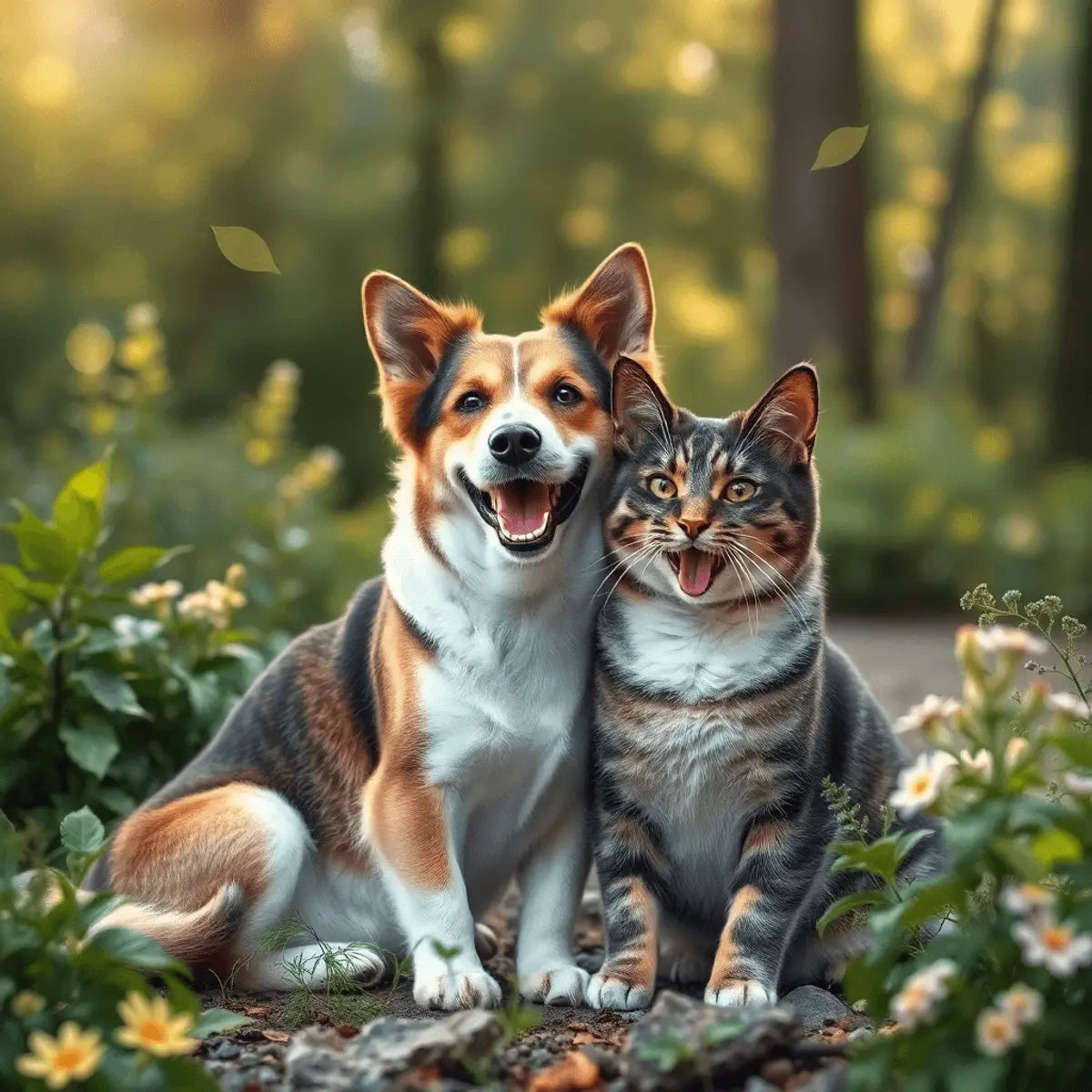 A happy dog and cat sitting outdoors among green plants and flowers, with glowing leaves and soft sunlight creating a natural, healthy atmosphere.