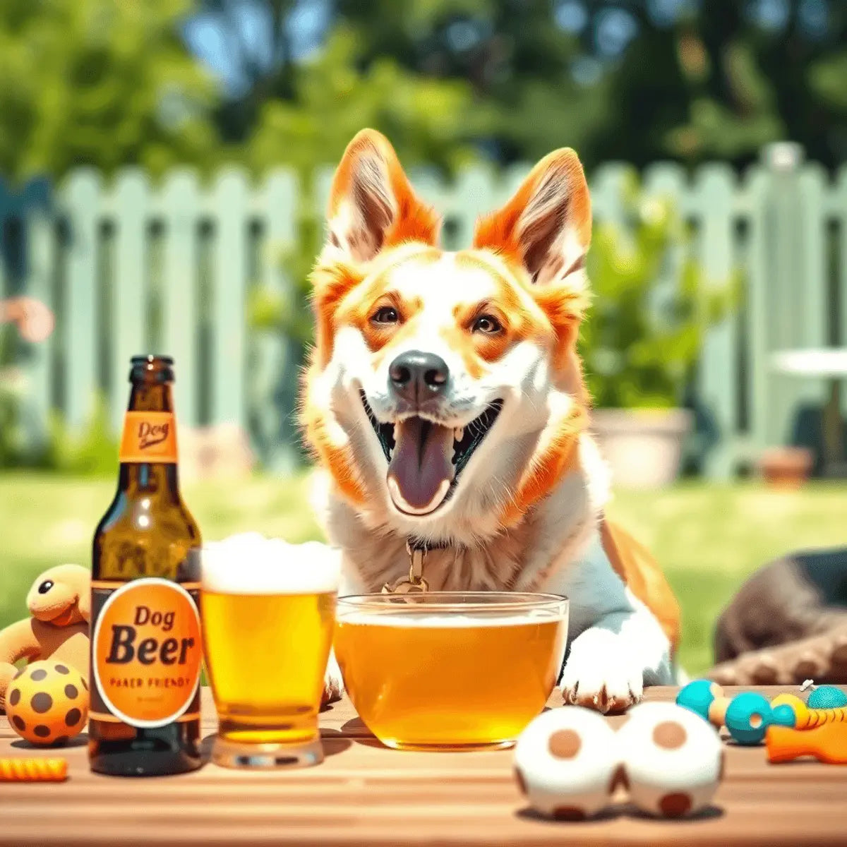 A happy dog enjoying a bowl of dog-friendly beer outdoors with a "Dog Beer" bottle and toys in a sunny backyard.