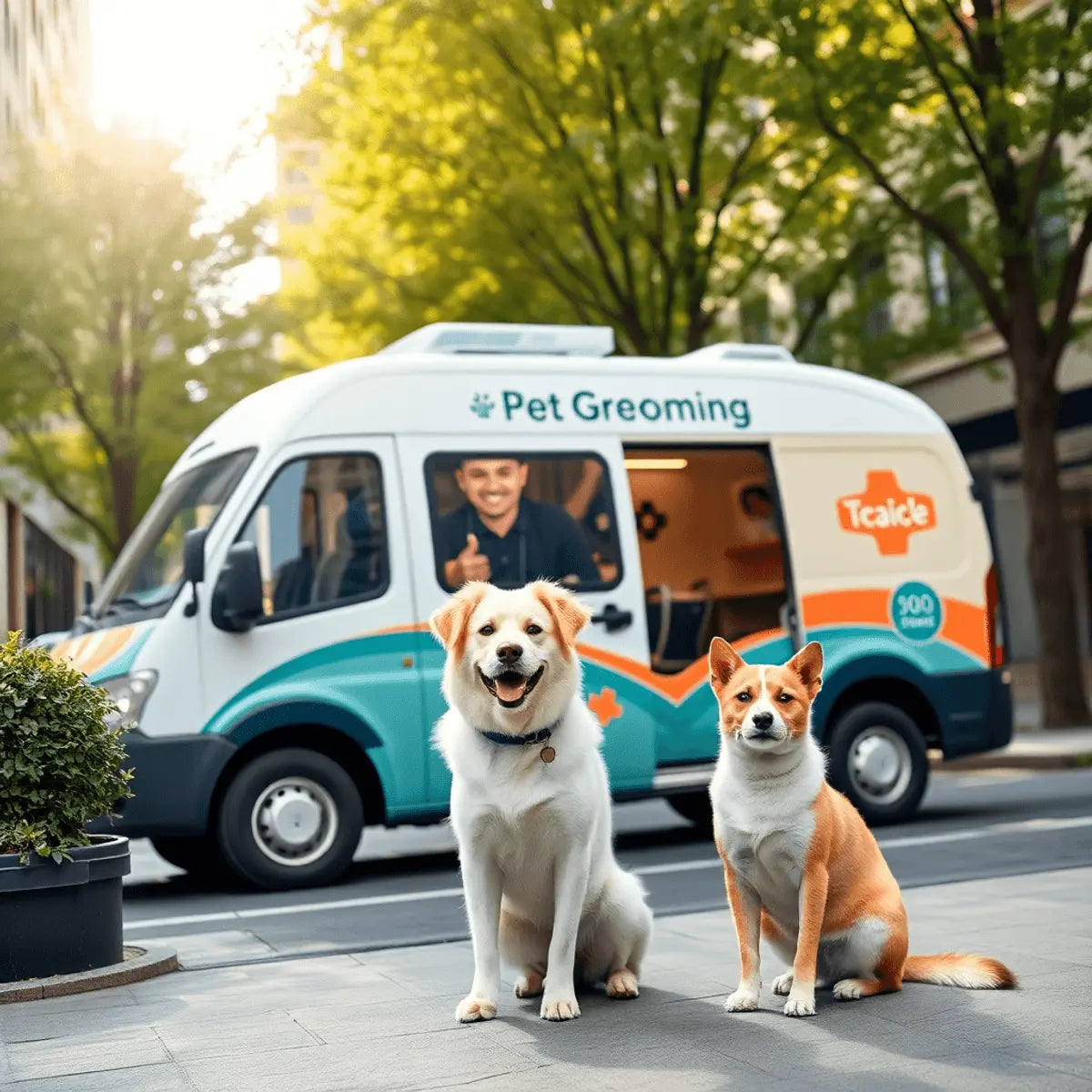 A modern pet grooming van parked on a city street with green trees; a clean, happy dog and cat sit nearby in soft sunlight.