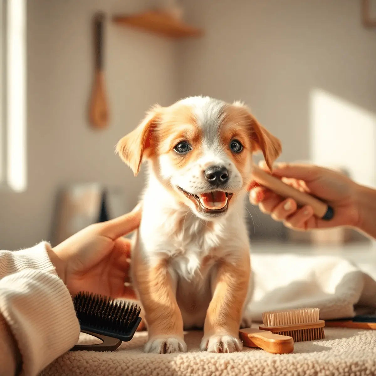 A cheerful puppy being gently groomed with soft brushes in a bright, calm space bathed in warm natural light.