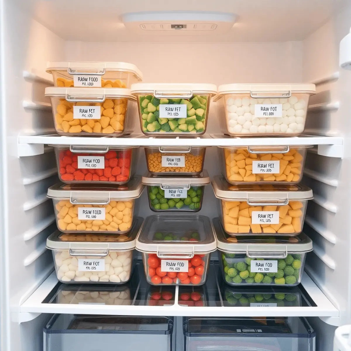 Interior of a clean kitchen refrigerator with neatly organized airtight containers labeled for raw pet food storage.