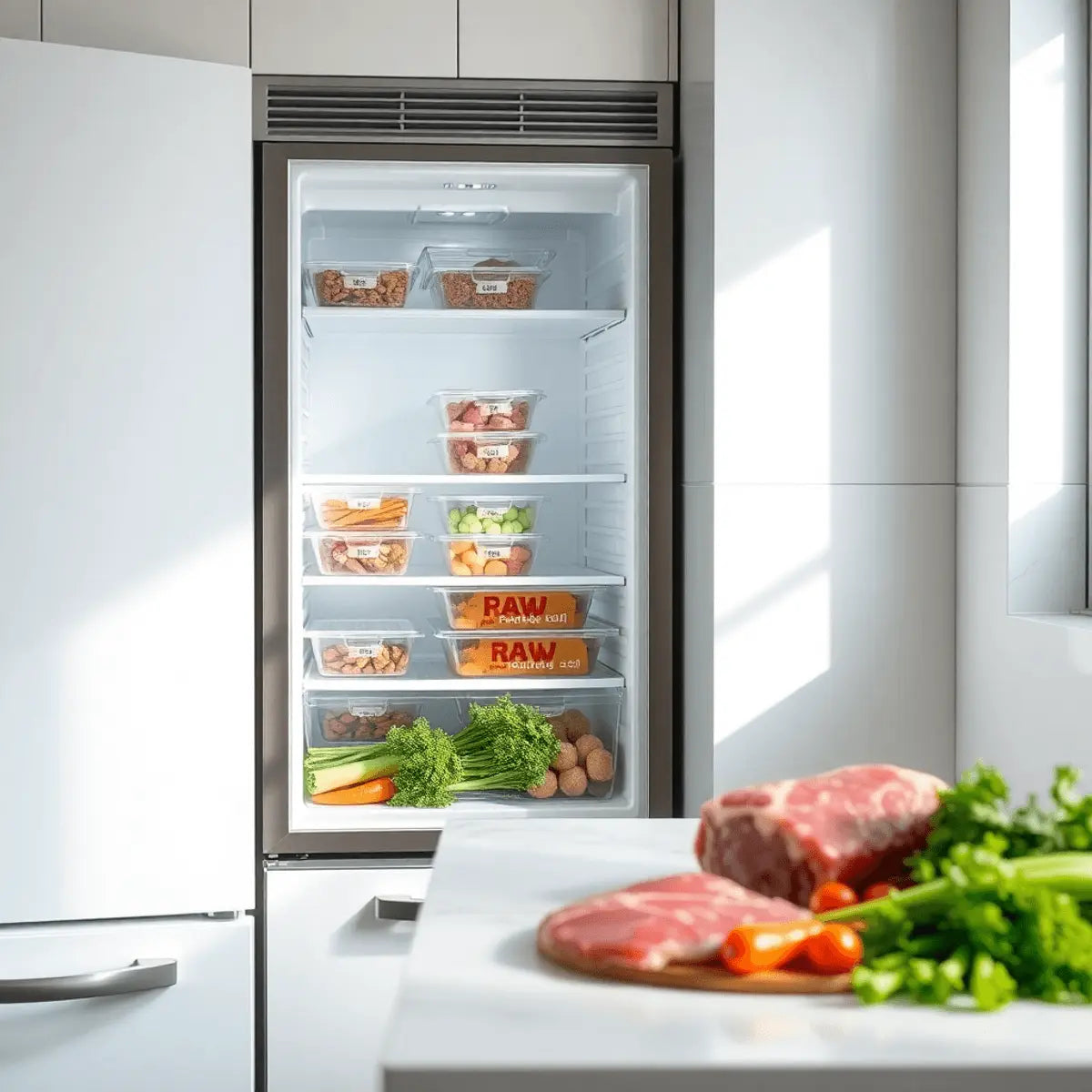 Modern kitchen with refrigerator showing clear containers of raw pet food, fresh vegetables, and raw meat on countertop under soft natural light.