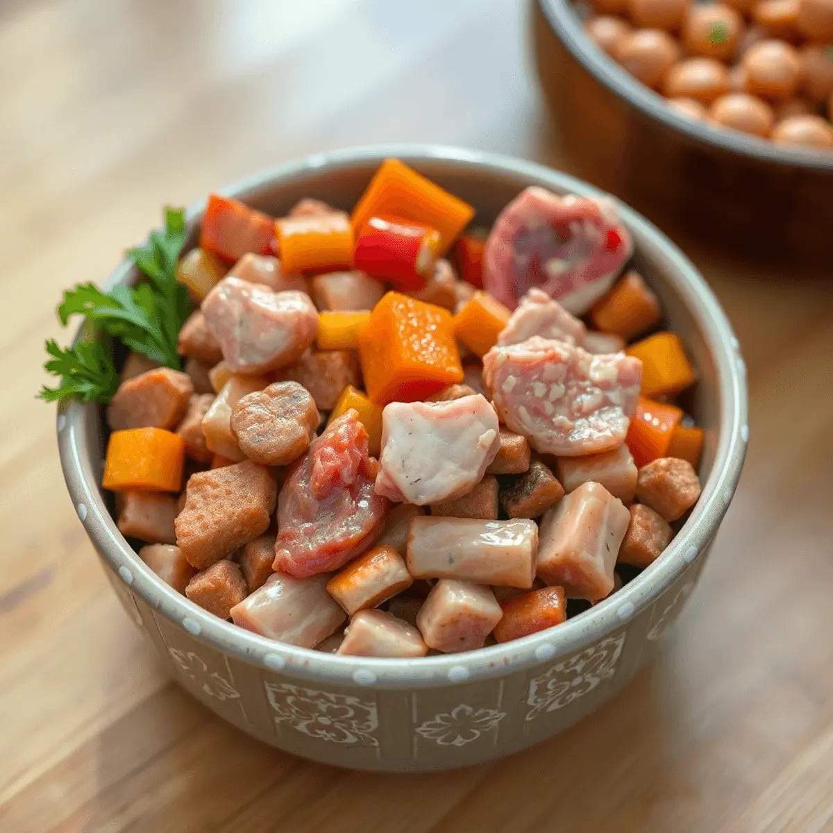 Close-up of a bowl with colorful fresh cat food containing meats and vegetables on a wooden surface with natural lighting.