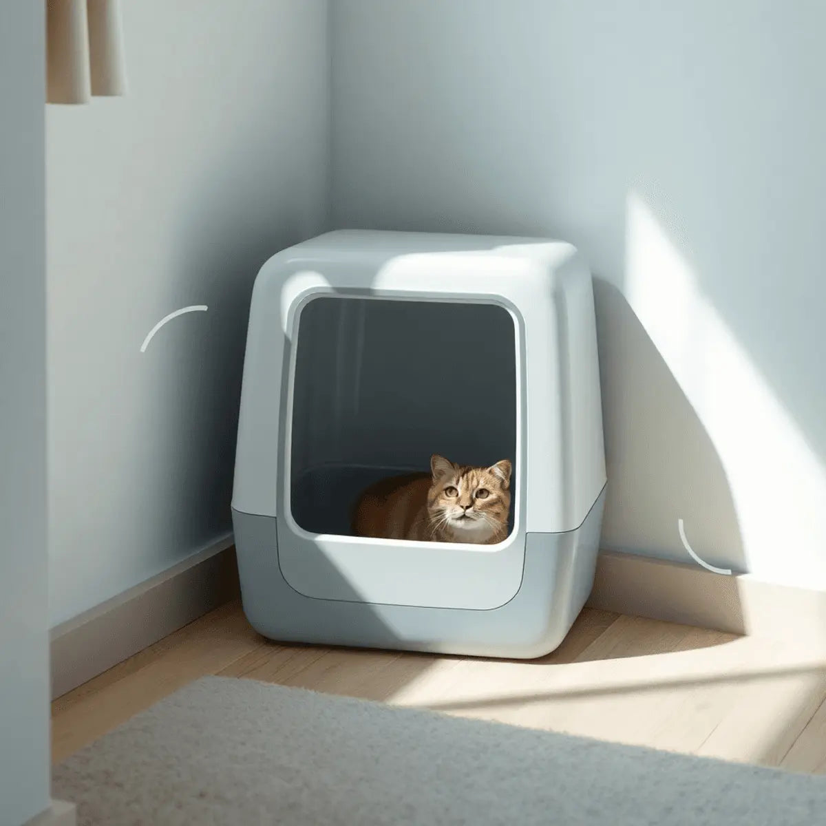Cozy apartment corner with a modern enclosed cat litter box, soft natural light, and abstract shapes symbolizing freshness and odor control.