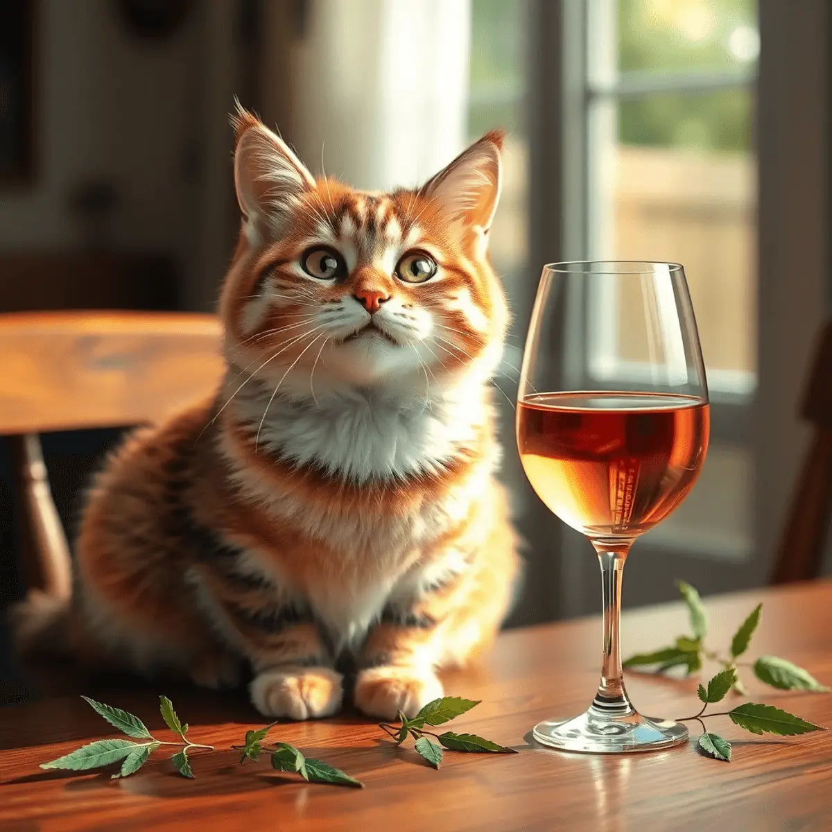 A happy cat sits beside a glass of cat wine on a wooden table with soft natural light and scattered catnip leaves, creating a warm, cozy atmosphere.