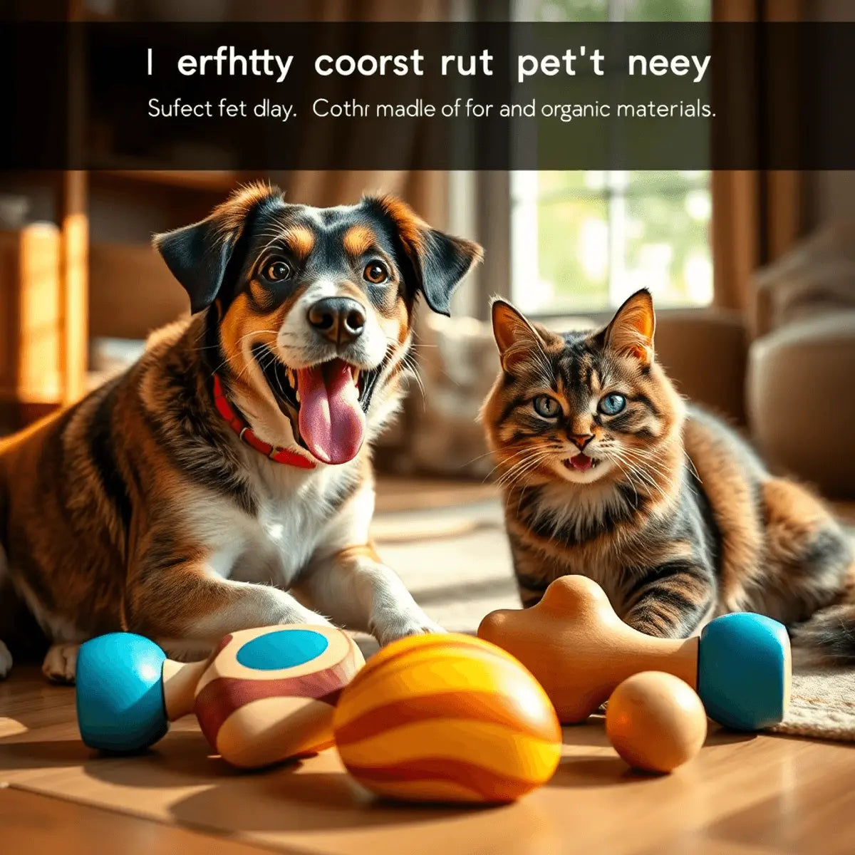 A happy dog and cat playing with colorful wooden toys in a cozy sunlit room, highlighting a safe and caring pet play environment.