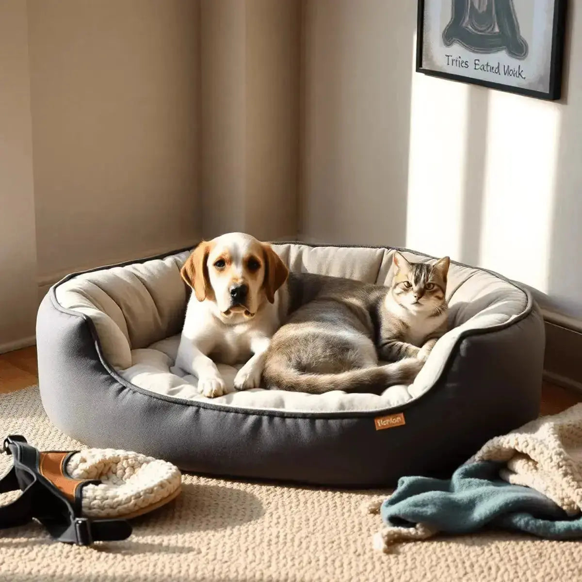 Cozy orthopedic pet bed with soft cushions in a warm corner, a calm senior dog and cat resting side by side, bathed in natural light with pet care items nearby.