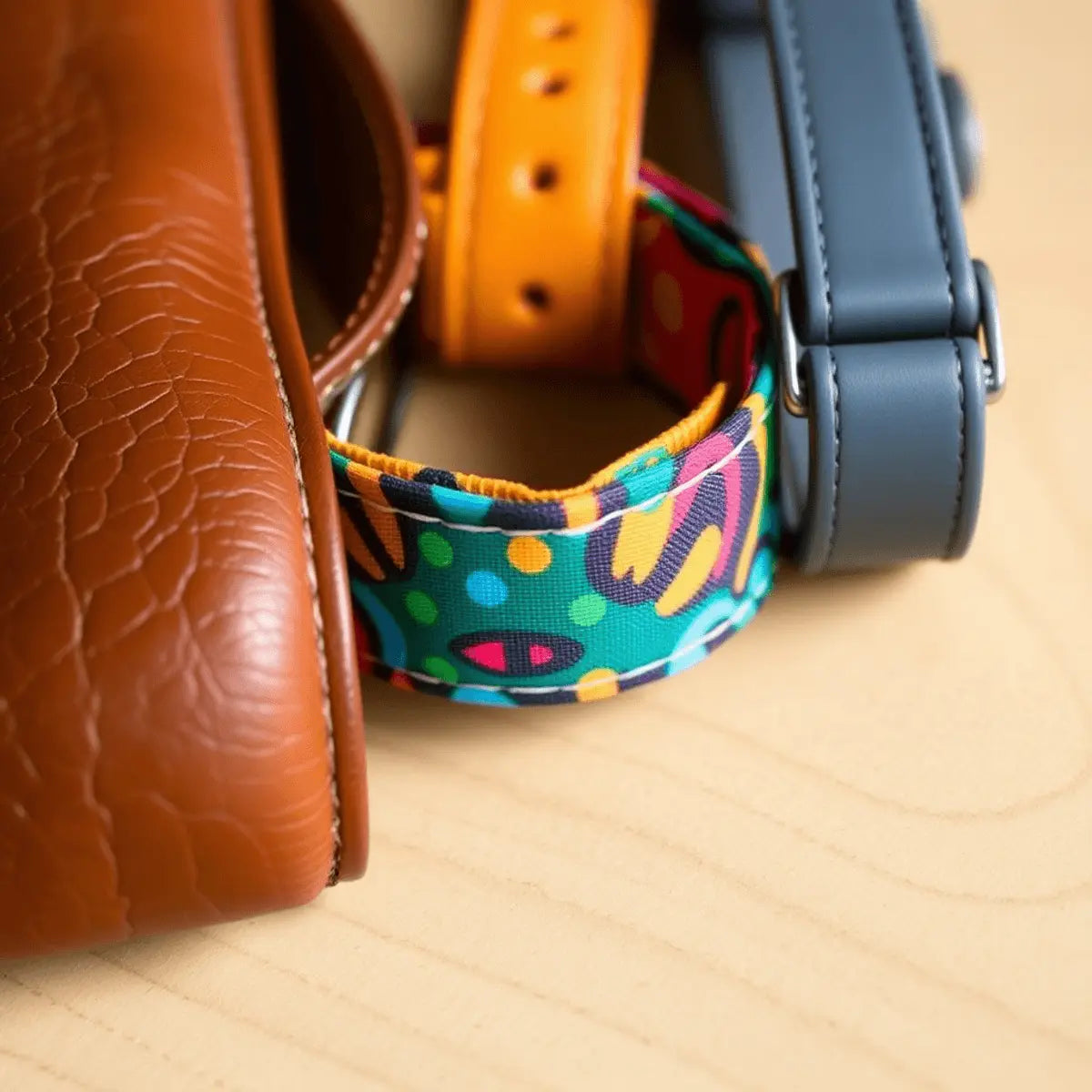 Three dog collars—brown leather, colorful fabric, and sleek synthetic—laid side by side on a wooden surface with soft natural lighting.