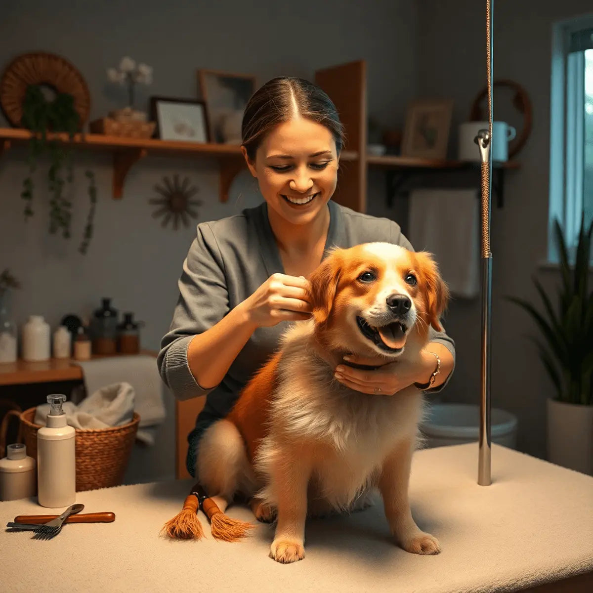 A cozy home spa setup with soft lighting, calming decor, grooming tools, and a person gently brushing a content dog indoors.