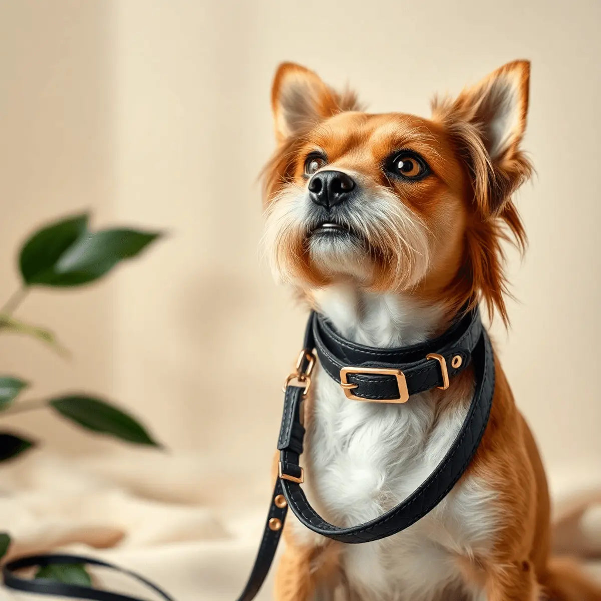 Elegant dog wearing a luxurious designer collar and leash, posed against a soft, upscale background with subtle natural elements symbolizing sustainability.