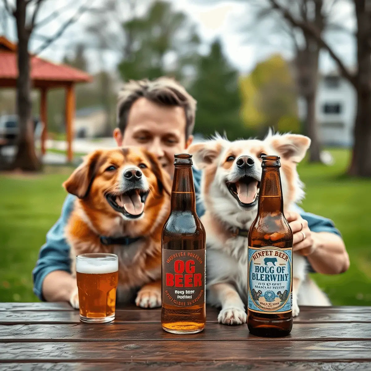 A happy person and their joyful dog outdoors sharing a moment by a picnic table with bottles of dog beer and regular beer.
