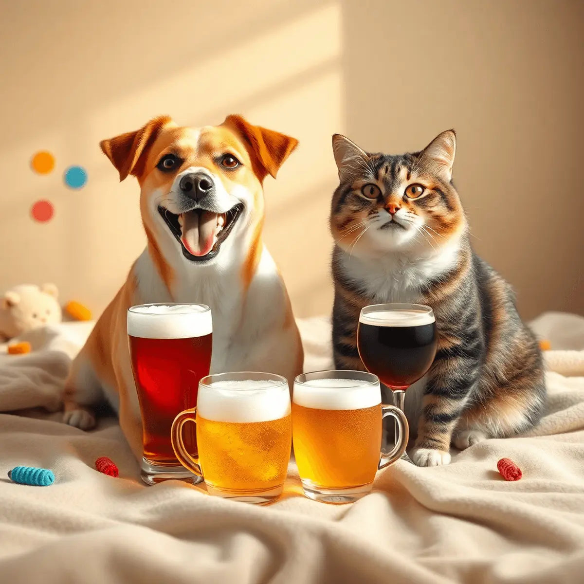 A cheerful dog and cat sit side by side on a soft blanket with bowls of colorful pet drinks, surrounded by soft lighting and playful toys.