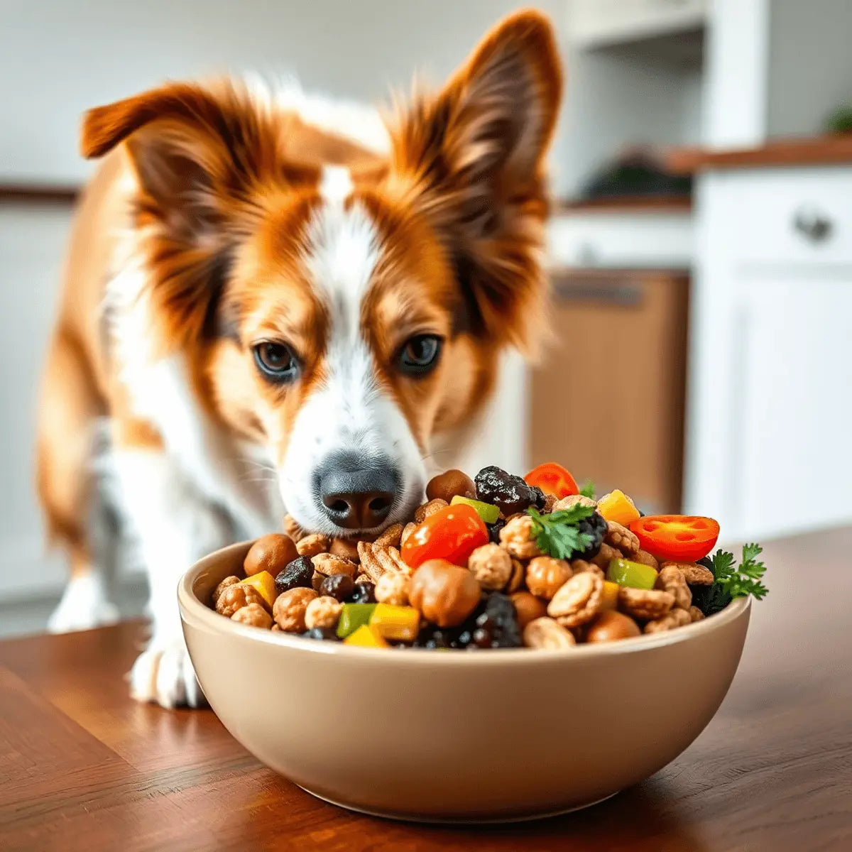 Close-up of a bowl with colorful fresh dog food on a wooden table, with a happy dog eagerly approaching.