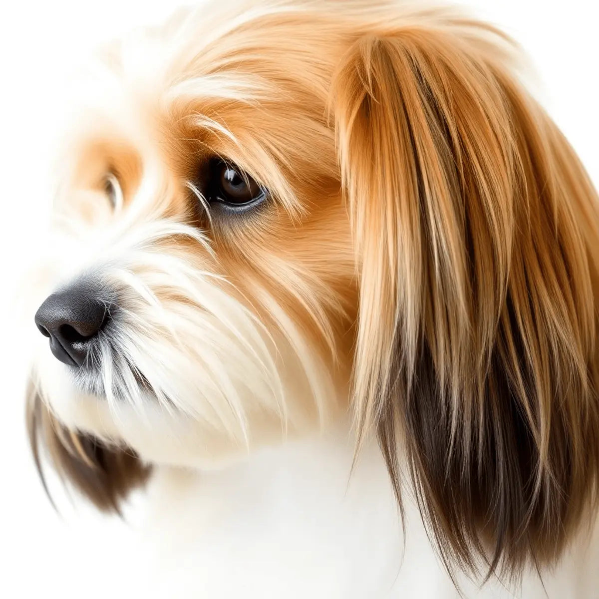 Close-up of a long-haired dog with smooth, well-groomed fur, focusing on areas prone to matting like behind ears and collar, against a bright background.
