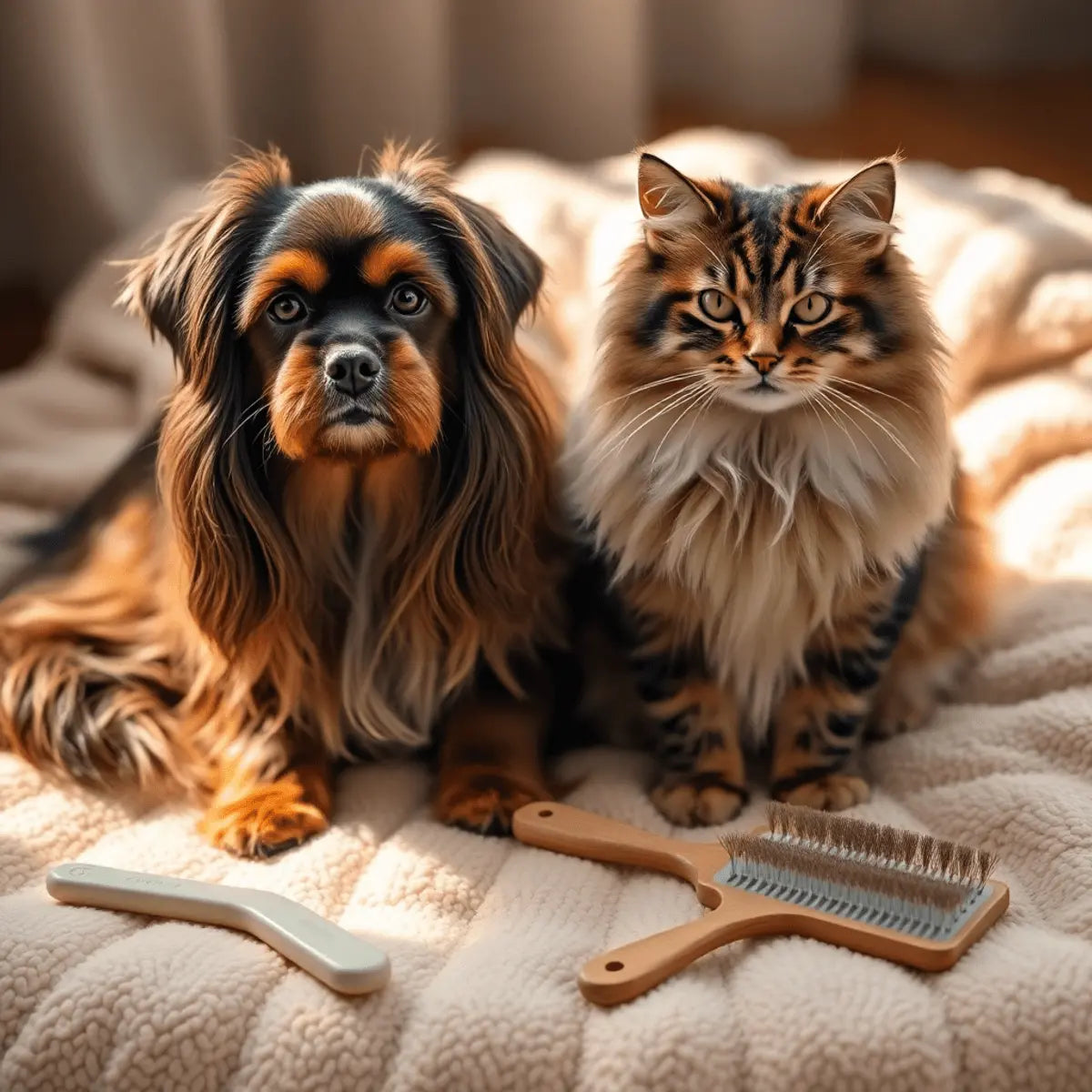 A long-haired dog and cat sit side by side on a cozy blanket, surrounded by grooming tools, bathed in soft natural light highlighting their shiny coats.