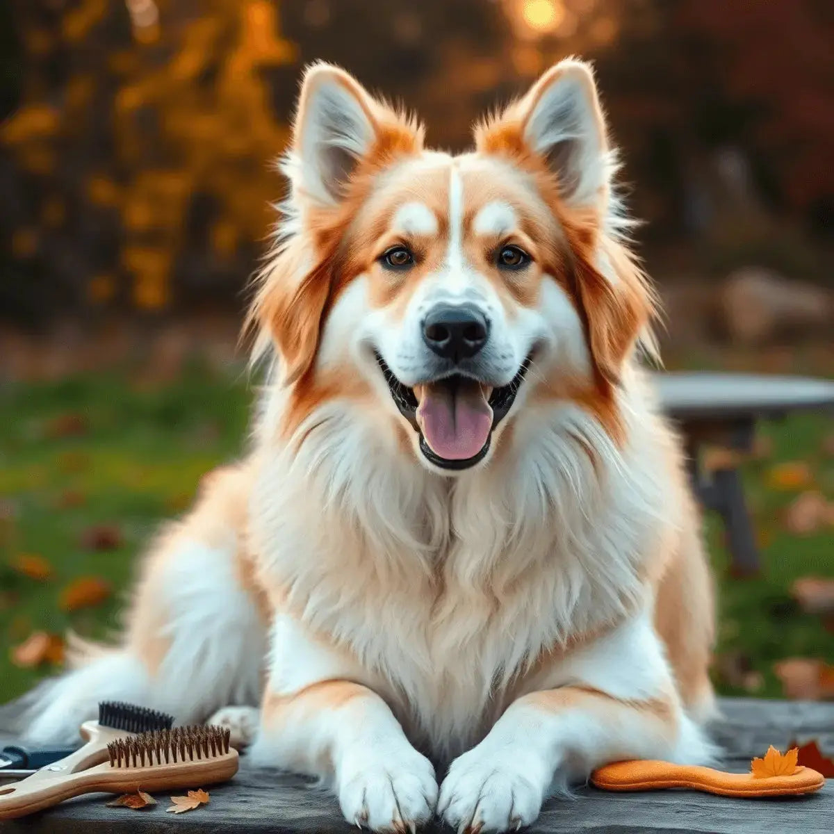A happy double-coated dog outdoors with grooming tools nearby, set against a natural background of warm sunlight and autumn leaves.