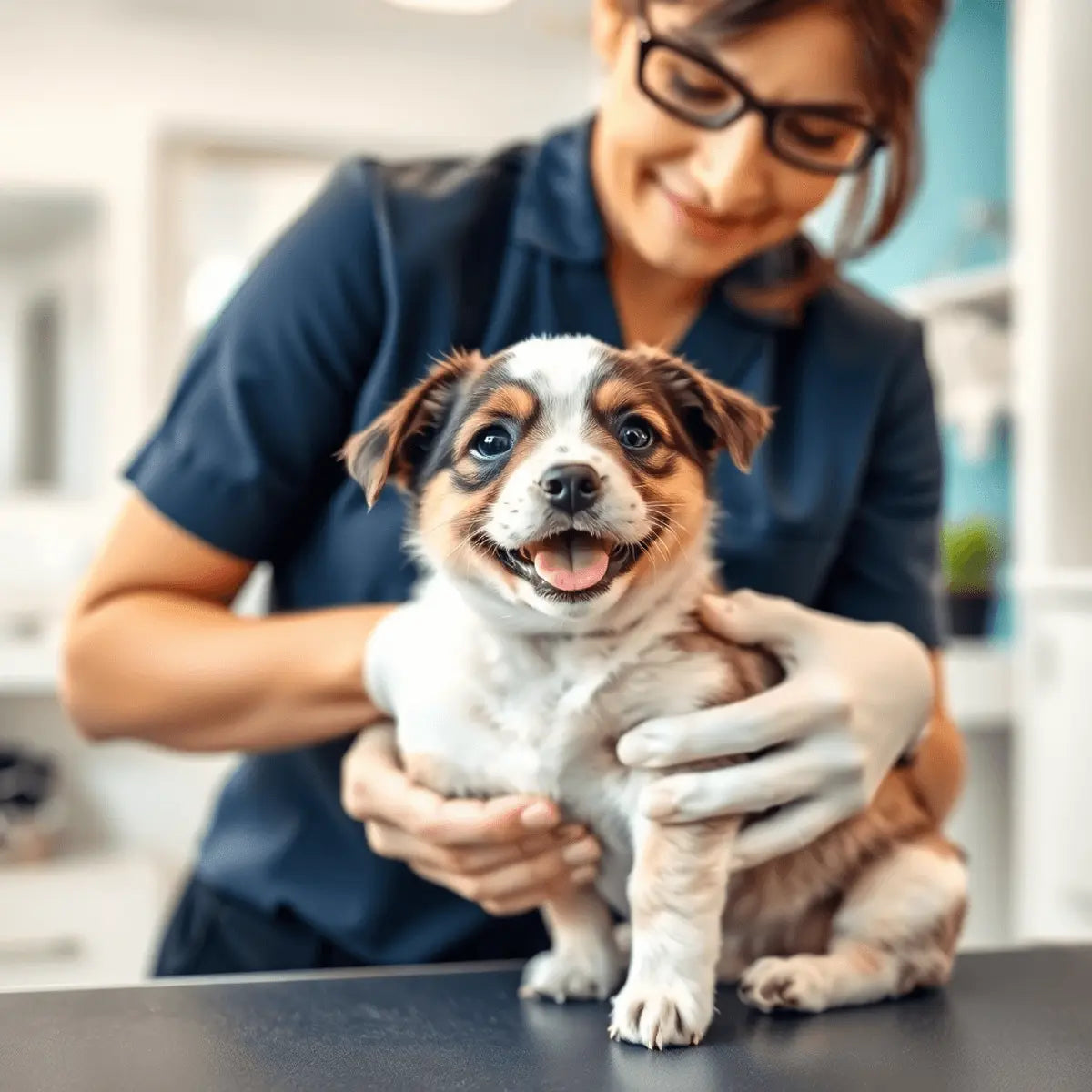 A happy puppy being gently groomed by a professional in a bright, clean salon with soft lighting and calming colors, conveying care and comfort.