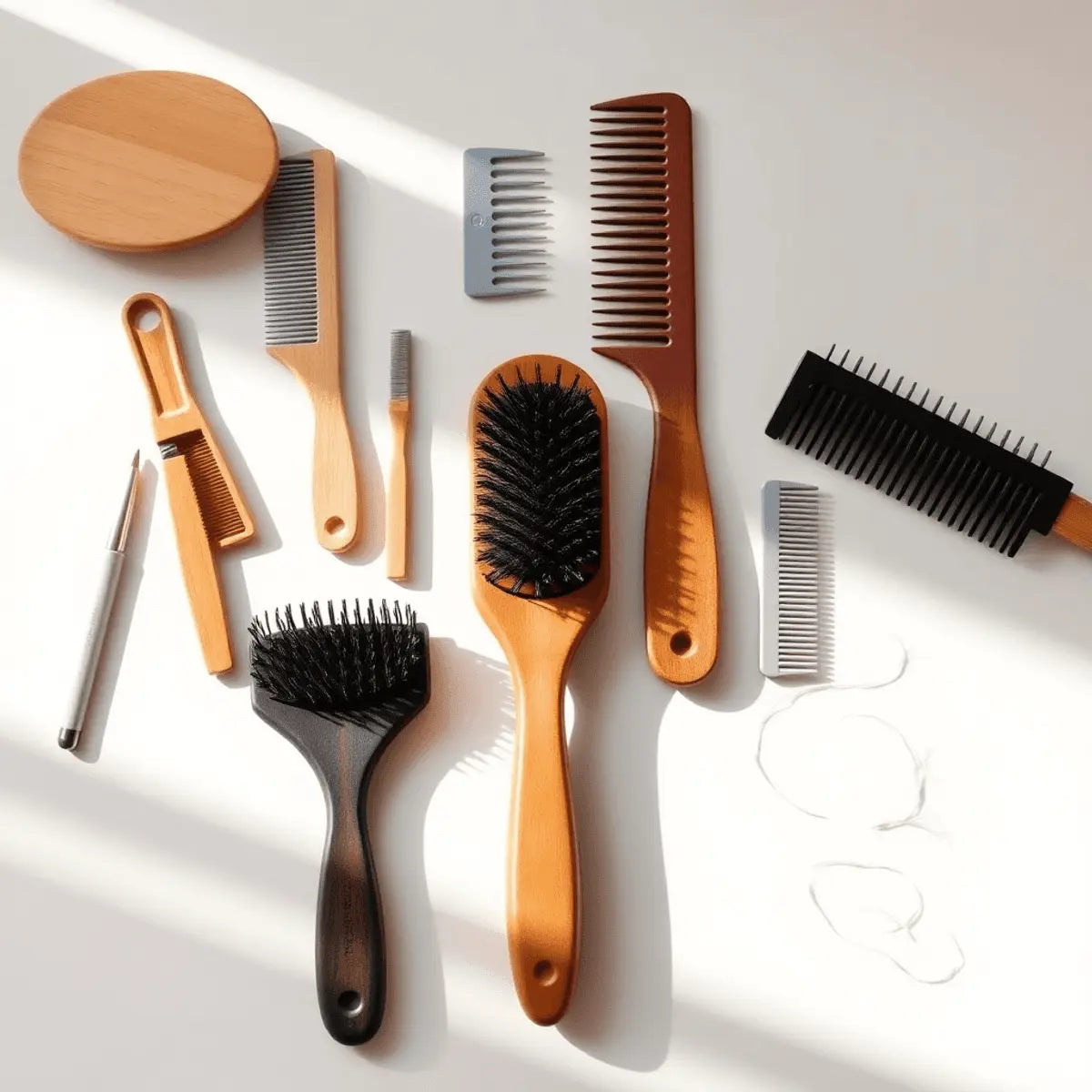 Neatly arranged grooming brushes and combs on a smooth surface with soft light, scattered hair and pet fur, creating a fresh and inviting scene.