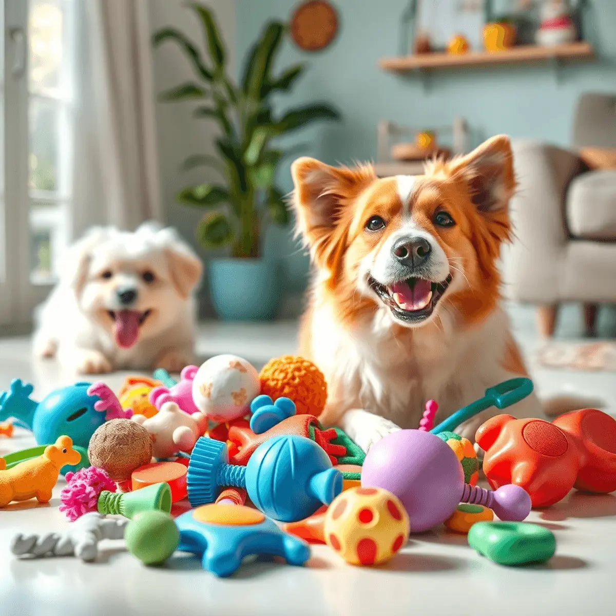 A bright indoor scene with colorful pet toys arranged neatly and a happy dog and cat playing nearby.