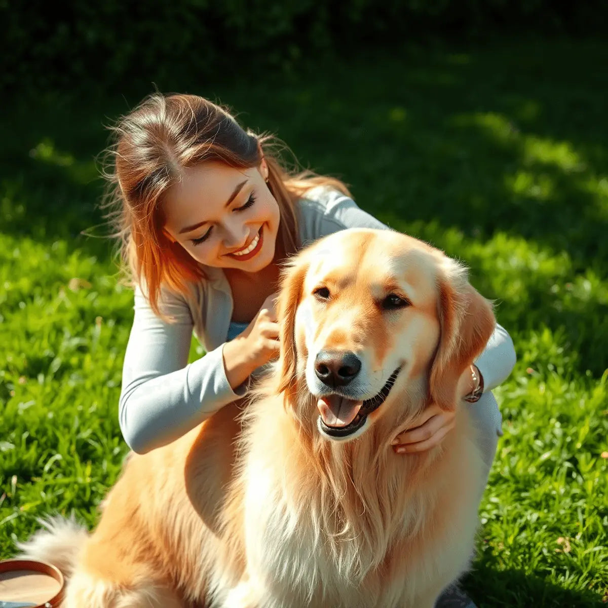 A woman happily grooming a fluffy Golden Retriever outdoors on green grass with grooming tools like brushes and scissors nearby.