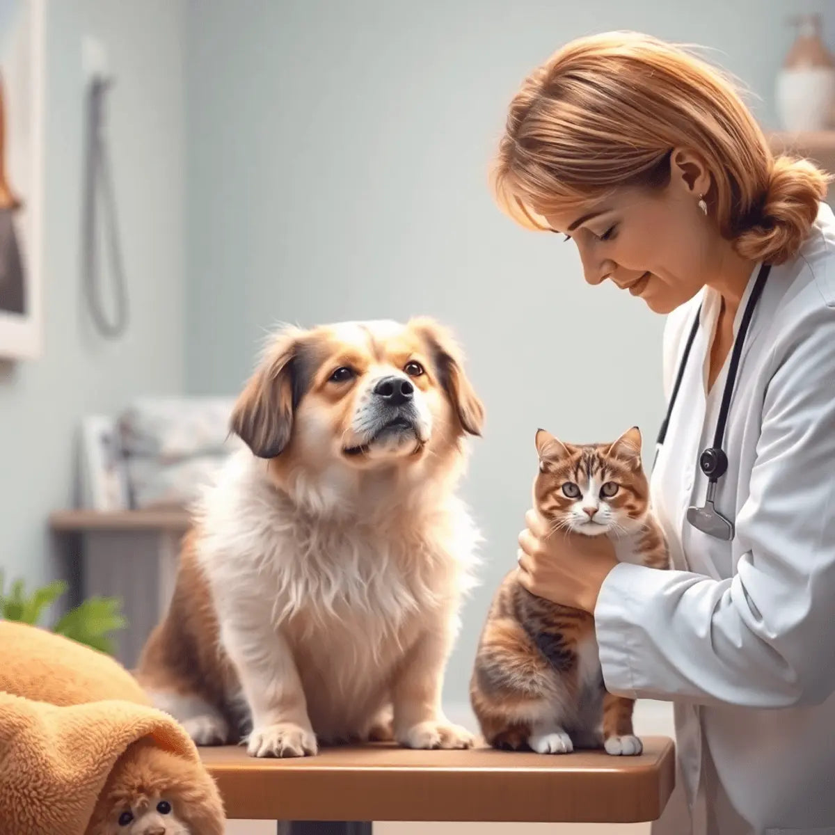 A calm senior dog and cat being gently groomed by a caring professional in a softly lit, cozy environment with soothing colors and soft textures.