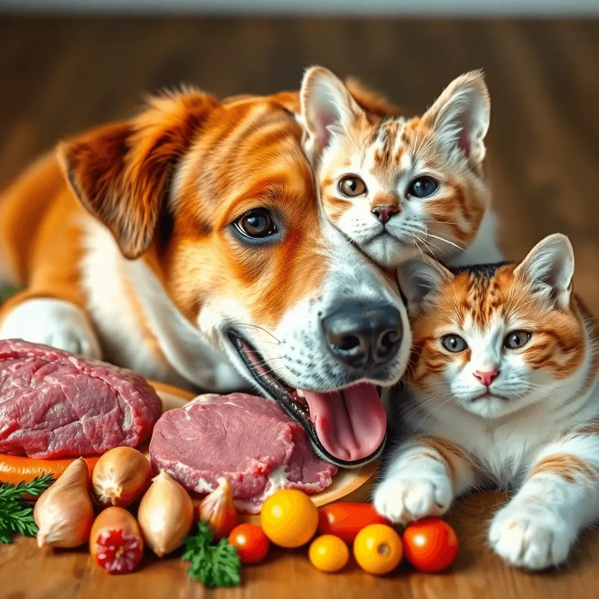Close-up of a happy dog and cat with shiny fur, surrounded by fresh raw pet food ingredients on a clean wooden surface.