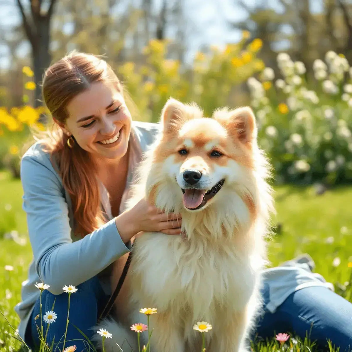 A person happily grooming a fluffy dog outdoors on a sunny day with green grass and blooming flowers.