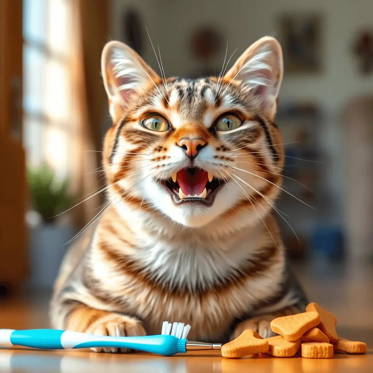 Close-up of a calm cat with shiny teeth in a bright home, next to a toothbrush and dental treats.
