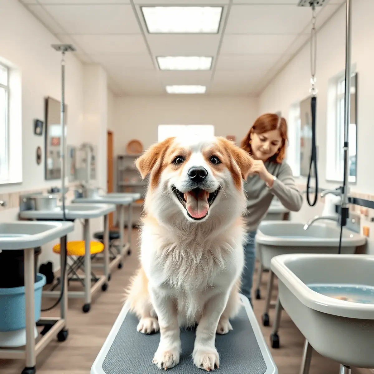 Bright dog grooming salon with grooming tables, bathing tubs, tools, and a happy dog being gently groomed by a professional.