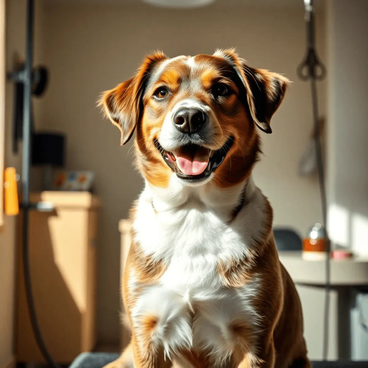 A happy, well-groomed dog sitting calmly in a bright grooming salon with brushes, scissors, and natural light creating a warm atmosphere.