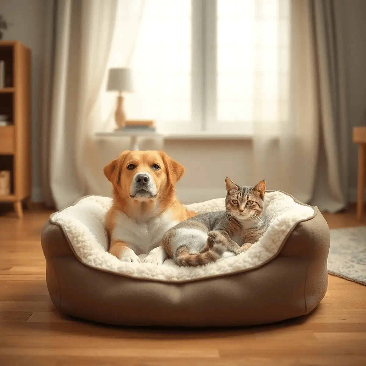 A cozy pet bed in a warm room with a dog and cat resting peacefully, showcasing comfort and relaxation for pets of different sizes.