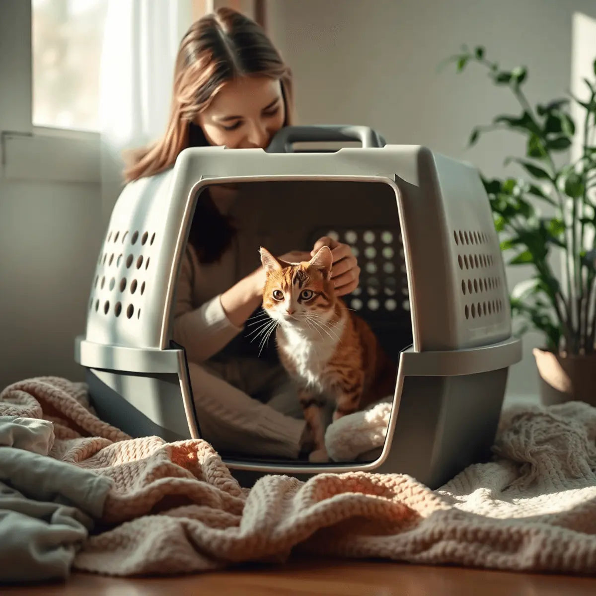 A cozy cat carrier in soft light with a person gently placing a content cat inside, surrounded by blankets and natural light filtering through greenery.