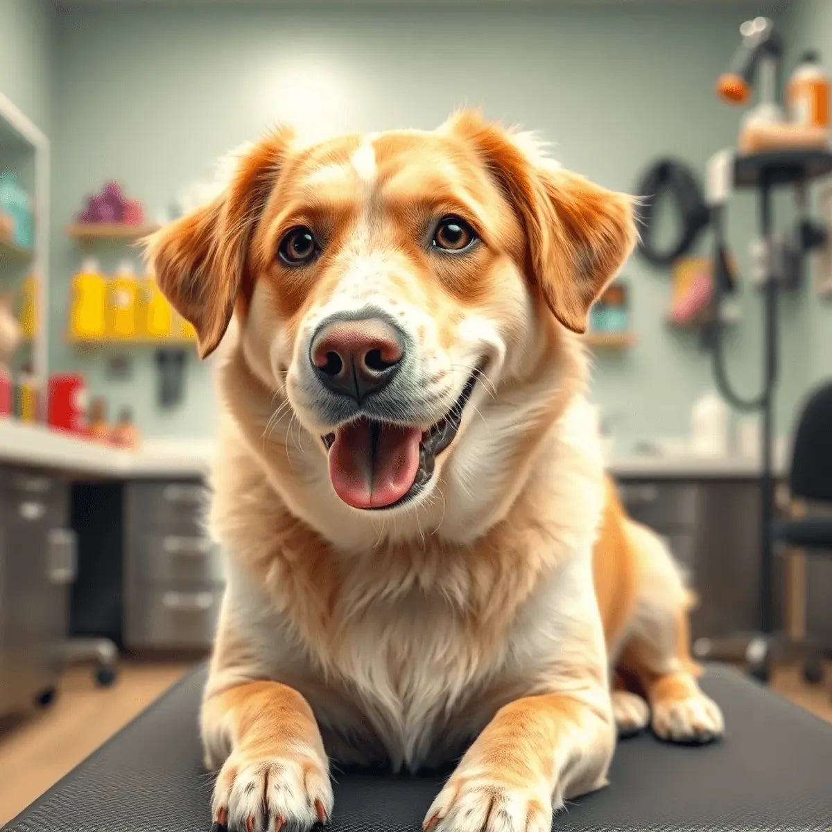 A happy dog with a shiny coat sitting comfortably in a bright grooming salon with grooming tools and pet supplies in the background.