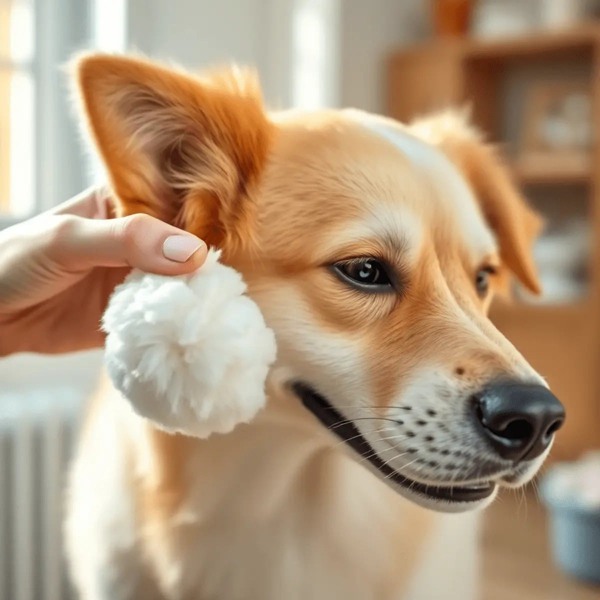 Close-up of a gentle hand holding a fluffy cotton ball near a calm dog's clean ear in a bright, cozy home with soft natural light.