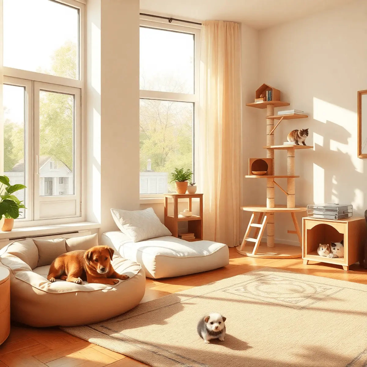 Cozy living room with pet beds, a small dog resting on a cushion, a cat on a multi-level tree, and a hamster in an enclosure, all sunlit and inviting.