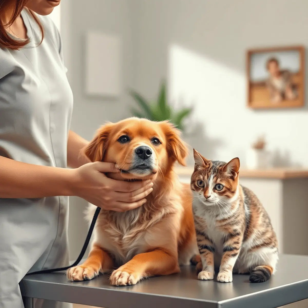 A gentle groomer softly handling a relaxed dog and cat in a cozy, softly lit home-like setting, highlighting trust and comfort.