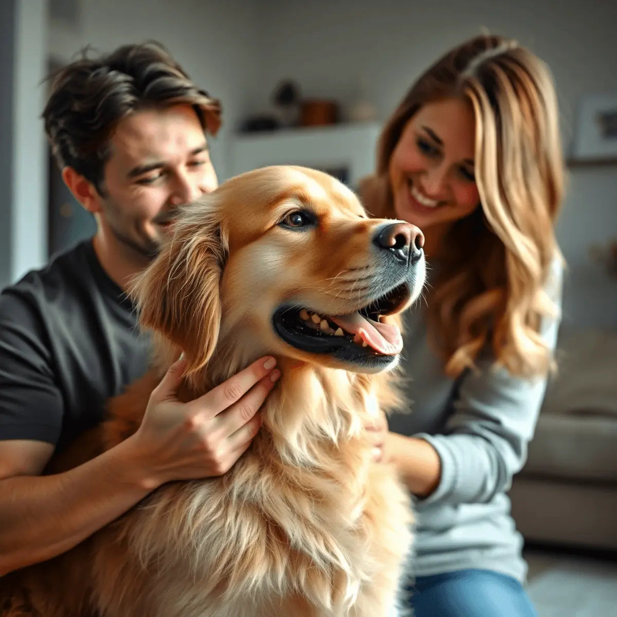A smiling person gently brushing a fluffy golden retriever indoors with soft natural light highlighting the dog's shiny fur in a cozy home.