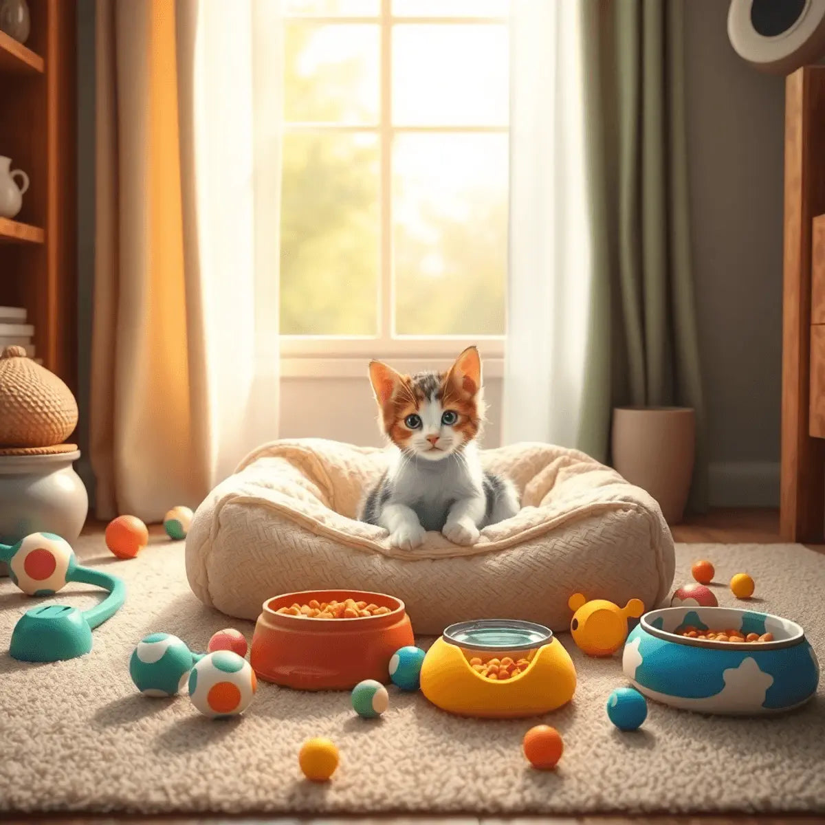 Cozy home interior with a soft pet bed, colorful toys, food and water bowls, sunlight streaming through a window, ready for a new kitten or puppy.