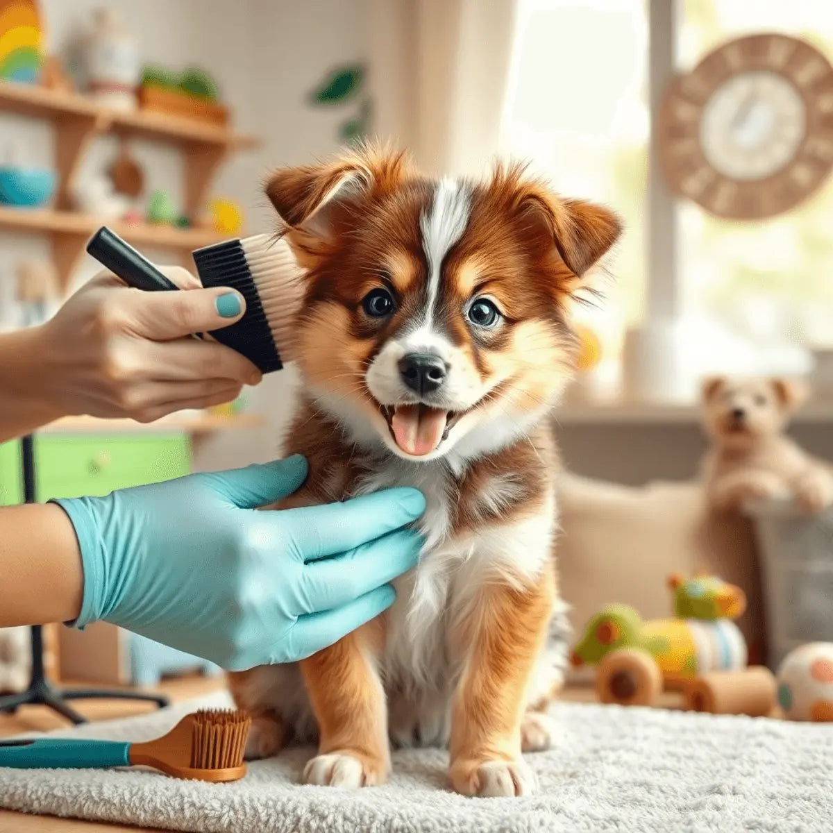A happy puppy being gently groomed with soft brushes in a bright, cozy home surrounded by pet toys and grooming supplies.