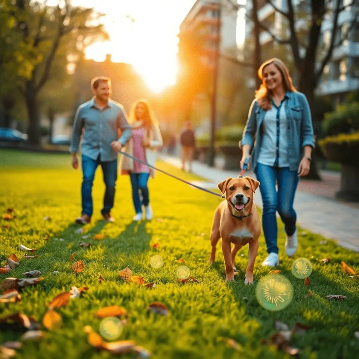 A family walking their dog in a lush green park at sunrise with glowing orbs near grass symbolizing natural pests, bathed in warm, soft light.