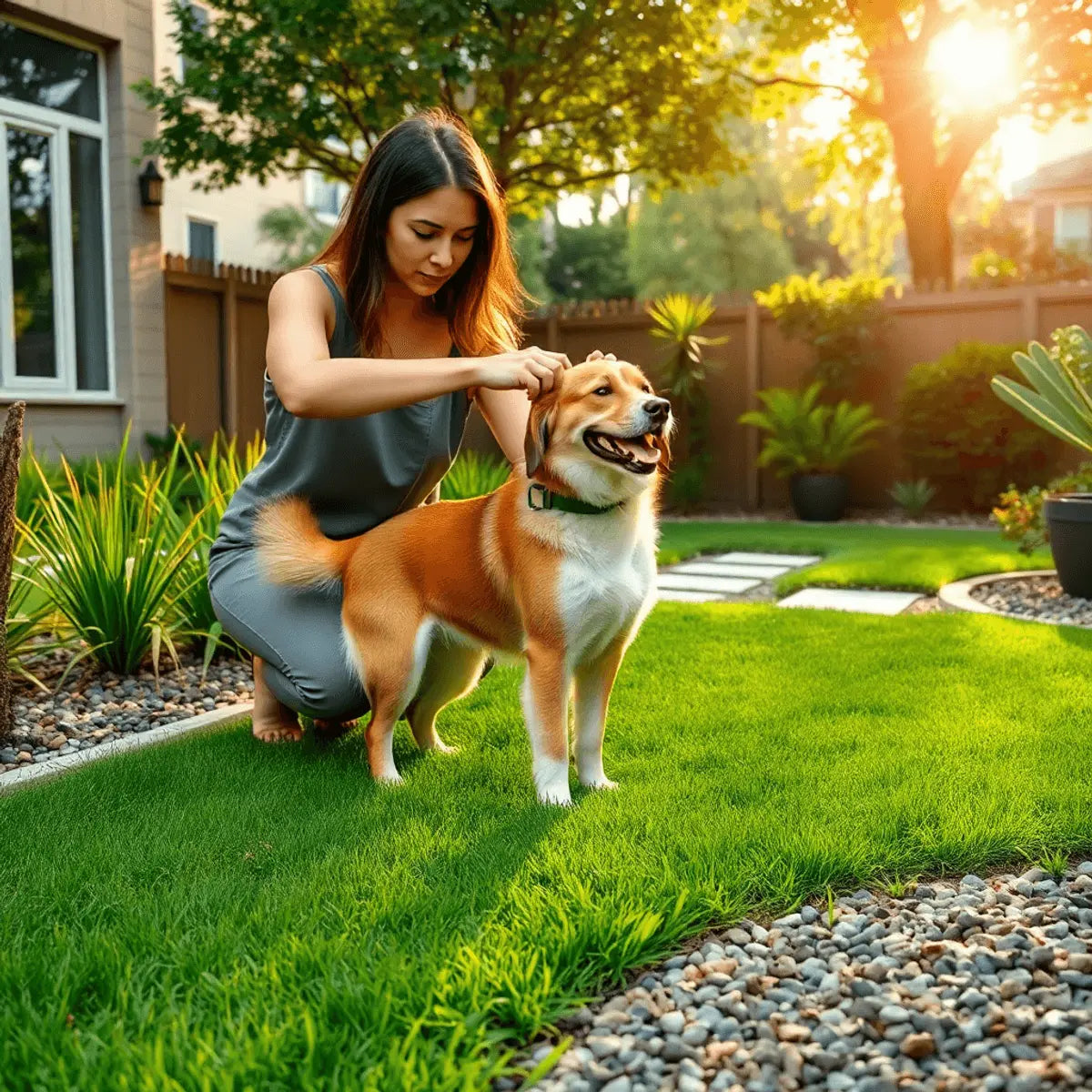 A vibrant urban backyard with grass, gravel paths, wood chip borders, a dog being groomed outdoors amid plants and sunlight filtering through trees.