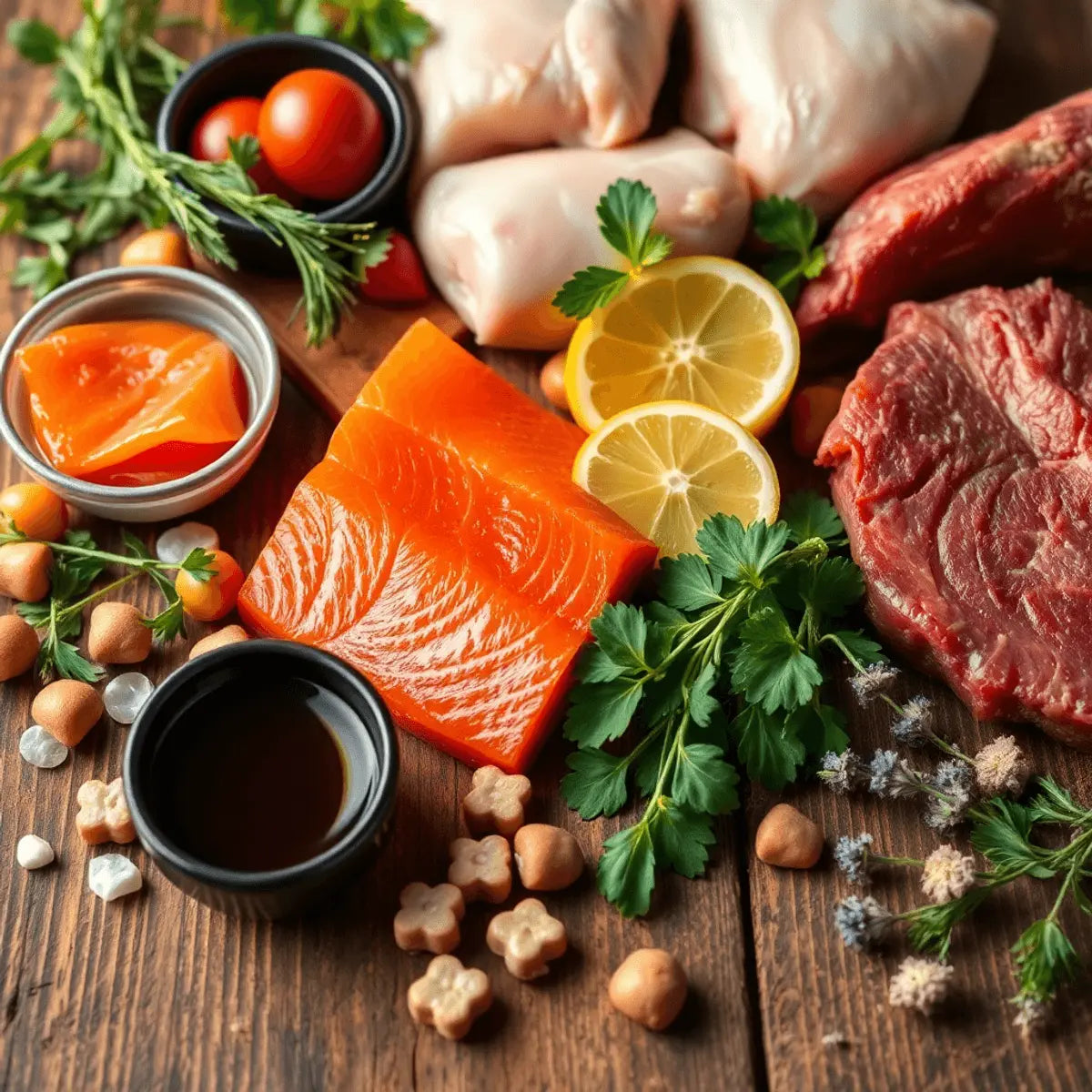 Close-up of fresh salmon, chicken, beef cuts, herbs, oils, chamomile, and lavender arranged on rustic wood, highlighting natural pet treat ingredients.