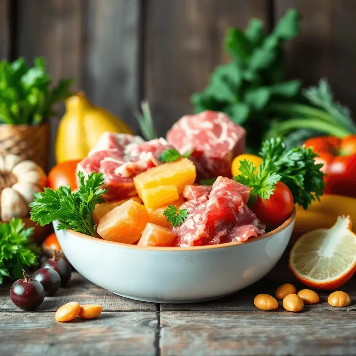 Close-up of a bowl with fresh raw dog food ingredients including meat, vegetables, and fruits on a rustic wooden surface with soft natural light.